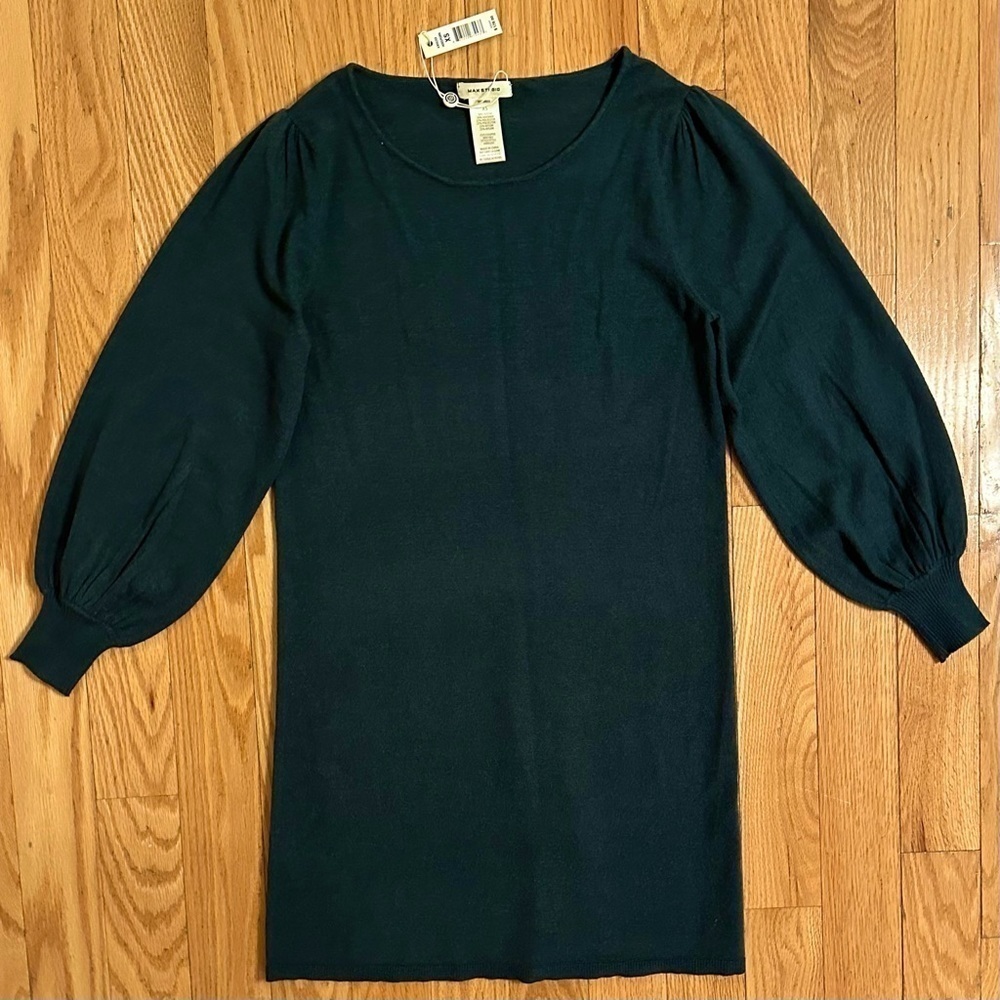 Max Studio Deep Green Soft Sweater Dress long balloon sleeve knee length XS New